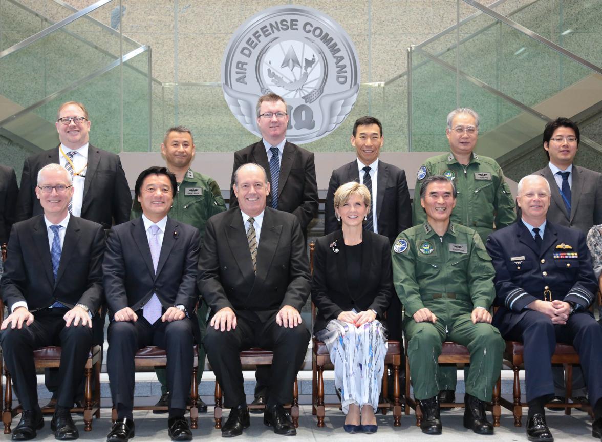 Australian delegation to the Australia-Japan 2+2 Foreign and Defence Ministers' Consultations and their Japanese counterparts in a group shot at Japan Air Self Defense Force Air Defence Command at Yokota Airforce Base today.  Front row:  HE Mr Bruce Mille