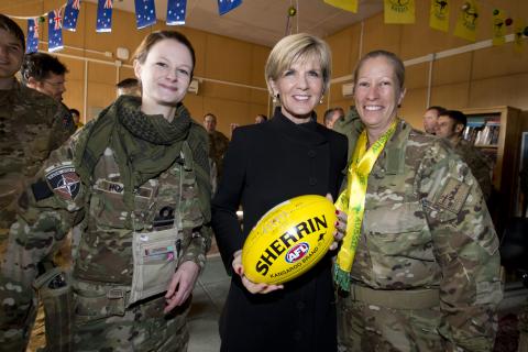 Royal Australian Navy Lieutenant Megan Hoare (left) and Australian Army Captain Elizabeth Littlefield meets Foreign Minister Julie Bishop during an official visit on Australia Day, 26 January 2015