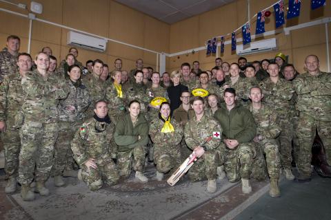 Members of Joint Task Force 636 shared an Australia day themed morning tea with Foreign Minister Julie Bishop and received footballs donated by the West Coast Eagles and Fremantle Dockers, 26 January 2015