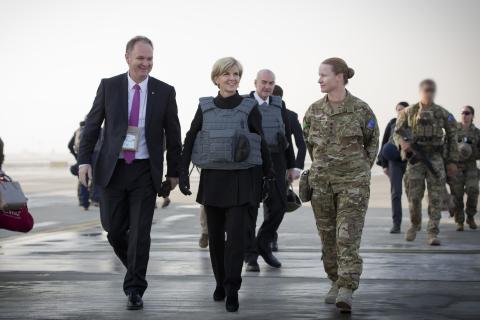 Australian Ambassador to Afghanistan, Mr Matthew Anderson and Deputy Commander Joint Task Force 636 Colonel Susan Coyle escort Foreign Minister Julie Bishop on an official visit to Afghanistan, 26 January 2015