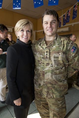 Australian Army Captain Iain Warry meets Foreign Minister Julie Bishop during an official visit on Australia Day, 26 January 2015