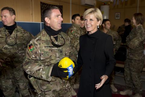 Australian Army Warrant Officer Class Two Darren Veenman meets Foreign Minister Julie Bishop during an official visit on Australia Day, 26 January 2015