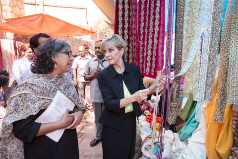 13 April 2015, New Delhi, India;  The Hon. Julie Bishop, Australian Minister for Foreign Affairs walks through Nizamuddin Basti with staff and beneficiaries from the Aga Khan Foundation to announce funding initiatives for Urban Renewal programs