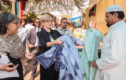 13 April 2015, New Delhi, India;  The Hon. Julie Bishop, Australian Minister for Foreign Affairs walks through Nizamuddin Basti with staff and beneficiaries from the Aga Khan Foundation to announce funding initiatives for Urban Renewal programs