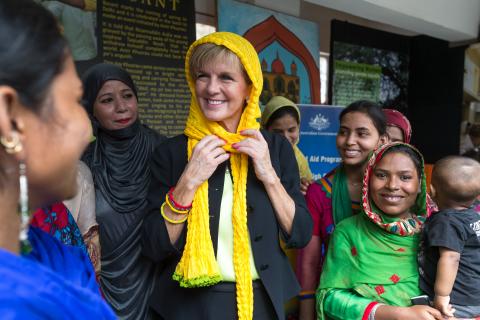 13 April 2015, New Delhi, India;  The Hon. Julie Bishop, Australian Minister for Foreign Affairs is presented with a scarf after meeting with staff and beneficiaries from the Aga Khan Foundation to announce funding initiatives for Urban Renewal programs