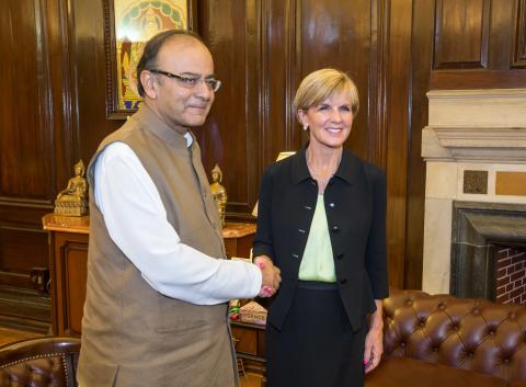 13 April 2015, New Delhi, India;  The Hon. Julie Bishop, Australian Minister for Foreign Affairs meeting with Indian Finance Minister Arun Jaitley during her visit to India to promote trade and investment opportunities for Australia.