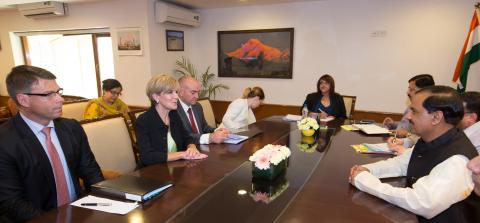 13 April 2015,New Delhi, India;  The Hon. Julie Bishop, Australian Minister for Foreign Affairs meeting with Dr. Mahesh Sharma, Indian Minister for Culture, Tourism and Civil Aviation during her visit to India to promote trade and investment opportunities