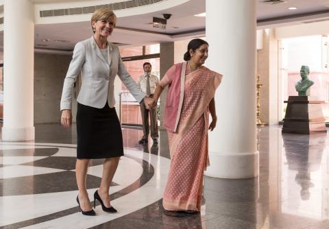 14 April 2015, New Delhi, India;  The Hon. Julie Bishop, Australian Minister for Foreign Affairs arrives for the  Foreign Ministers’ Framework Dialogue co-hosted by Minister of External Affairs, Ms Sushma Swaraj during her visit to India to promote trade