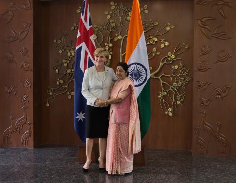 14 April 2015, New Delhi, India;  The Hon. Julie Bishop, Australian Minister for Foreign Affairs arrives for the  Foreign Ministers’ Framework Dialogue co-hosted by Minister of External Affairs, Ms Sushma Swaraj during her visit to India to promote trade