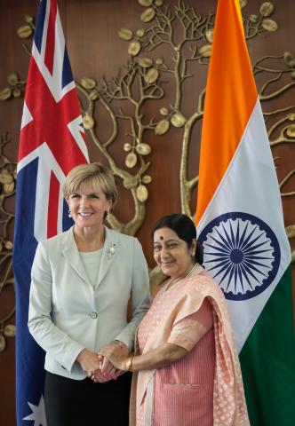 14 April 2015, New Delhi, India;  The Hon. Julie Bishop, Australian Minister for Foreign Affairs arrives for the  Foreign Ministers’ Framework Dialogue co-hosted by Minister of External Affairs, Ms Sushma Swaraj during her visit to India to promote trade