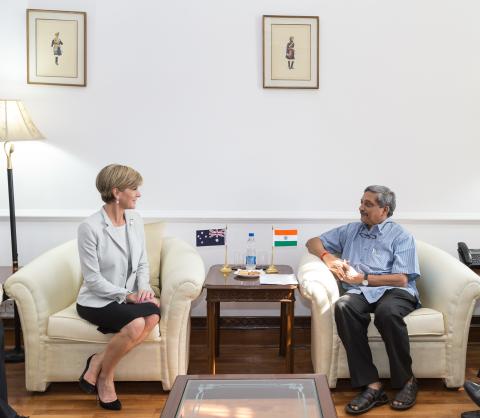 14 April 2015, New Delhi, India;  The Hon. Julie Bishop, Australian Minister for Foreign Affairs meeting with with Minister of Defence, Mr Manohar Parrikar during her visit to India to promote trade and investment opportunities for Australia. Picture by G