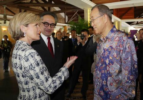 Foreign Minister Julie Bishop meets UN Secretary-General Ban Ki Moon at the sidelines of the United Nations Conference on the Alliance of Civilizations, Bali 28 August 2014.