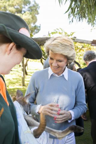 Foreign Minister Julie Bishop meets a joey from Caversham Wildlife Park.