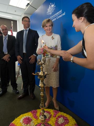 15 April 2015, Chennai, Tamil Nadu, India;  The Hon. Julie Bishop, Australian Minister for Foreign Affairs is welcomed with a traditional Indian greeting to participate in the opening of the Australian Consulate, Chennai, during her visit to India to prom