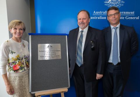 15 April 2015, Chennai, Tamil Nadu, India;  The Hon. Julie Bishop, Australian Minister for Foreign Affairs unveils the plaque with Australia's Consul to Chennai, Sean Kelly , and Australia's High Commissioner to India, Patrick Suckling, officially opening