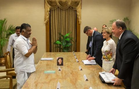 15 April 2015, Chennai, Tamil Nadu, India;  The Hon. Julie Bishop, Australian Minister for Foreign Affairs meeting with Chief Minister of Tamil Nadu, O. Panneerselvam during her visit to India to promote trade and investment opportunities for Australia. P