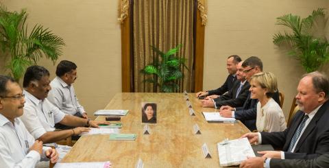 15 April 2015, Chennai, Tamil Nadu, India;  The Hon. Julie Bishop, Australian Minister for Foreign Affairs meeting with Chief Minister of Tamil Nadu, O. Panneerselvam during her visit to India to promote trade and investment opportunities for Australia. P