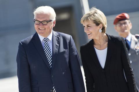 Foreign Minister Julie Bishop  with the German Foreign Minister, Mr Frank Walter Steinmeier, at the official military welcome ceremony for the 2+2 consultations in Berlin, 6 Sept.