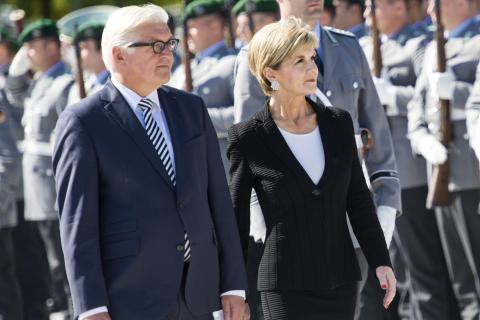 Foreign Minister Julie Bishop  with the German Foreign Minister, Mr Frank Walter Steinmeier, at the official military welcome ceremony for the 2+2 consultations in Berlin, 6 Sept.