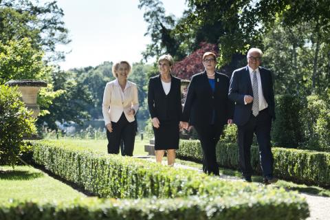 Foreign Minister Julie Bishop with Defence Minister Marise Payne, German Foreign Minister Frank-Walter Steinmeier and German Defence Minister Ursula von der Leyen in the garden of the Guest House of the German Foreign Office, the Villa Borsig, in Berlin,