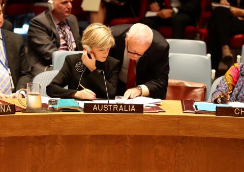 Foreign Minister Julie Bishop consults with Australian Ambassador to the United Nations during a UN Security Council meeting on the investigation into the downing of MH17 in New York on 19 September 2014. (Trevor Collens/DFAT)