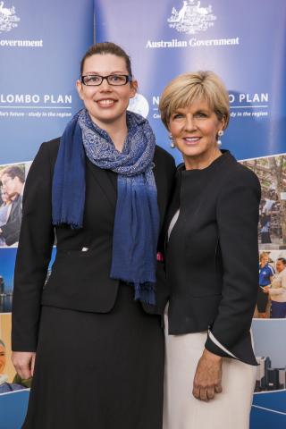 Minister for Foreign Affairs, the Hon Julie Bishop MP, with New Colombo Plan Alumni Ambassador Hannah Pratt in Perth, 25 August 2017.