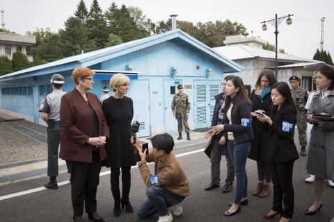 Defence Minister, Marise Payne and Foreign Minister, Julie Bishop holding a doorstop at the Joint Security Area, DMZ