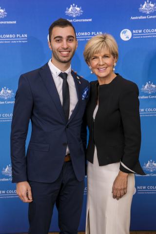 Minister for Foreign Affairs, the Hon Julie Bishop MP, with New Colombo Plan Alumni Ambassador James Panarettos in Perth, 25 August 2017.