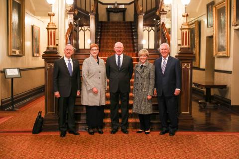 NSW Governor David Hurley welcomes Foreign Minister Julie Bishop, US Secretary of State Rex Tillerson, US Secretary of Defense James Mattis and Defence Minister Marise Payne to Government House in Sydney for AUSMIN on 5 June 2017.