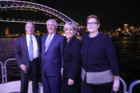 Foreign Minister Julie Bishop and Defence Minister Marise Payne show Sydney Harbour to US Secretary of Defense James Mattis and US Secretary of State Rex Tillerson following AUSMIN on 5 June 2017.