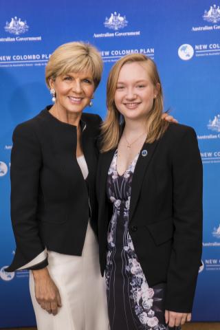 Minister for Foreign Affairs, the Hon Julie Bishop MP, with New Colombo Plan Alumni Ambassador Ashely Carvalho in Perth, 25 August 2017.