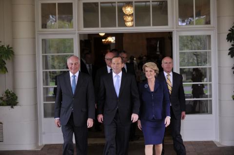 Prime Minister Tony Abbott and Ministry leaving the swearing in ceremony. 18 September 2013.

Photo credit: Courtesy AUSPIC