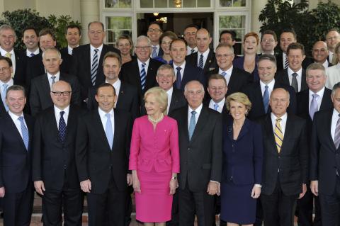 The Abbott Ministry with Governor General Quentin Bryce at the swearing in ceremony. 18 September 2013.

Photo credit: Courtesy AUSPIC