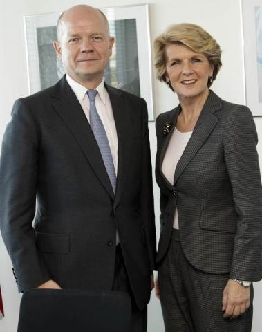 Foreign Minister Julie Bishop with UK Secretary of State for Foreign and Commonwealth Affairs, the Rt Hon William Hague.

(Credit: Trevor Collens)