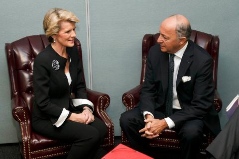 Australian Minister for Foreign Affairs, the Hon Julie Bishop MP, with HE Mr Laurent Fabius, Minister for Foreign Affairs of France, at the United Nations, New York on Tuesday 24 September 2013.