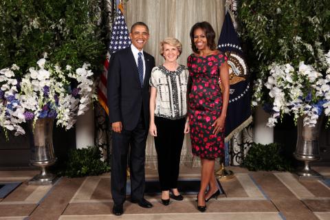 President Barack Obama and First Lady Michelle Obama greet The Honorable Julie Bishop, M.P., The Minister for Foreign Affairs of Australia, during the United Nations General Assembly reception at the Waldorf Astoria Hotel in New York, N.Y., Sept. 23, 2013