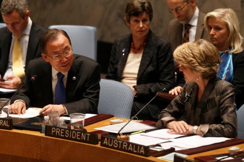 Foreign Minister Julie Bishop presides over the United Nations Security Council in New York, with HE Ban Ki-moon, Secretary-General of the United Nations, to her right.