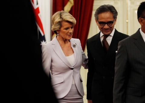 Foreign Minister Julie Bishop with Indonesian Foreign Minister Marty Natalegawa at Merdeka Palace in Jakarta, Indonesia. 30 September 2013.