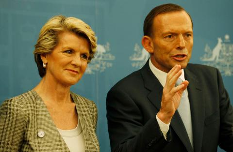 Foreign Minister Julie Bishop and Tony Abbott at Prime Minister’s Media Conference in Jakarta, Tuesday, Oct 1, 2013.