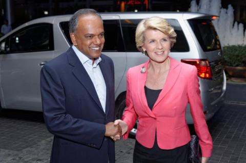 Australian Minister for Foreign Affairs Julie Bishop MP meets Singaporean Minister for Foreign Affairs K Shanmugam Sc on Ms Bishop's introductory visit to Singapore as Foreign Minister.