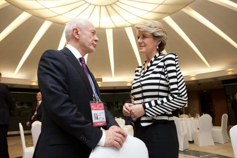 Foreign Minister Julie Bishop with Poland's Ministry of administration and digitalisation, Mr Michal Boni attending an official lunch for Ministers at the Conference on Cyberspace in Seoul.