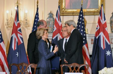 Foreign Minister Julie Bishop and Defence Minister David Johnston attend AUSMIN talks with US Secretary of State John Kerry and US Defense Secretary Chuck Hagel in Washington DC on 20 November 2013.