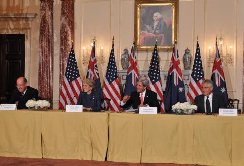 Foreign Minister Julie Bishop and Defence Minister David Johnston attend AUSMIN talks with US Secretary of State John Kerry and US Defense Secretary Chuck Hagel in Washington DC on 20 November 2013.