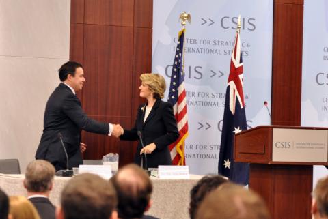 Foreign Minister Julie Bishop with Moderator Mr. Ernest Z. Bower, Senior Adviser, Sumitro Chair for Southeast Asia Studies, and Co-Director, Pacific Partners Initiative at the Center for Strategic and International Studies following her address to The Ban