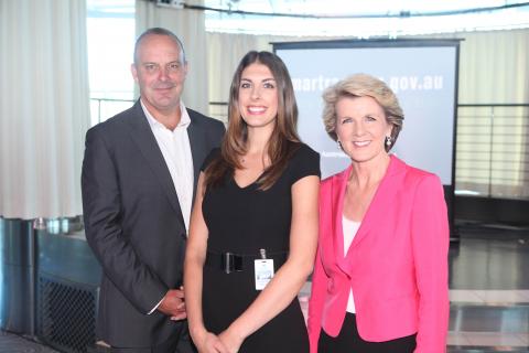 Foreign Minister Julie Bishop with Natalie Hensby and Andrew Daddo at the launch of the new Smartraveller advertising campaign. 28 November 2013

Photo: Jason McCormack