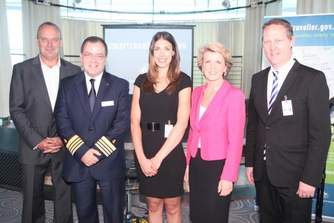 (L to R) Andrew Daddo, Captain Yannis Berdos, Natalie Hensby, Foreign Minister Julie Bishop, Australian Federation of Travel Agents Chief Executive Jayson Westbury. 28 November 2013

Photo: Jason McCormack