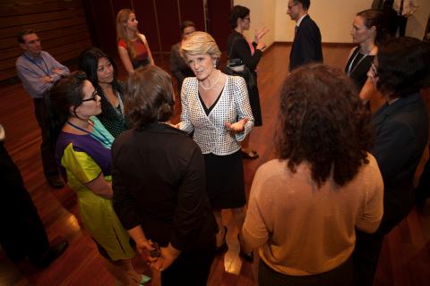 Foreign Minister Julie Bishop meets with embassy staff in Jakarta. 5 December 2013.