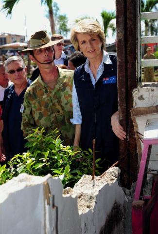 Ms Bishop with ADF Engineer Ken Golder visiting a Libertad Elementary School which the ADF are rehabilitating in Ormoc, Leyte, Philippines. 8 December 2013
Credit: ADF