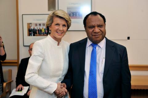 Foreign Minister Julie Bishop with PNG Minister for Foreign Affairs and Immigration Rimbink Pato at the 22nd Papua New Guinea – Australia Ministerial Forum. Parliament House Canberra, 11 December 2013.   Photo: Auspic.