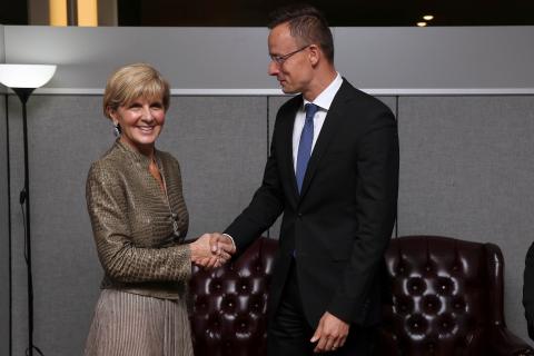 Australian Minister for Foreign Affairs Julie Bshop meeting with Bilateral Meeting with Mr Peter Szijjártó, Minister of Foreign Affairs and Trade of Hungary at UN Headquarters in New York, Monday September 19, 2016. photo by Trevor Collens/DFAT